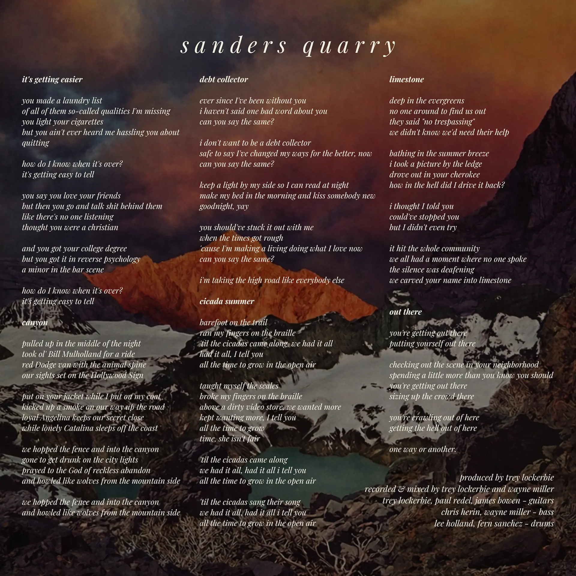 sanders quarry back cover featuring the lyrics to all six songs